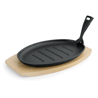 Servierpfanne IRON DINING oval, 27 x 17,5 cm, Gusseisen schwarz, mit Holzuntersetzer